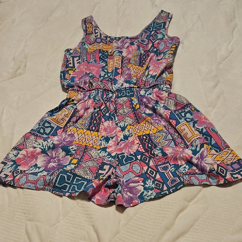 Floral Geometric Sleeveless Romper - Pink, Purple, Teal, Yellow